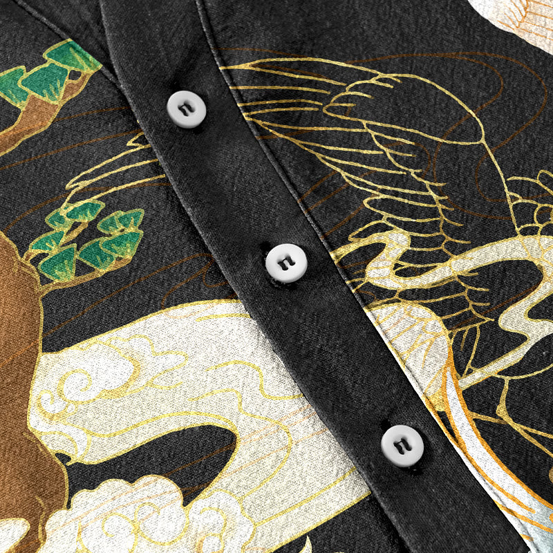 Buddha Stones Cotton Crane Auspicious Clouds Pine Pattern Men's Short Sleeve Half Button Shirt