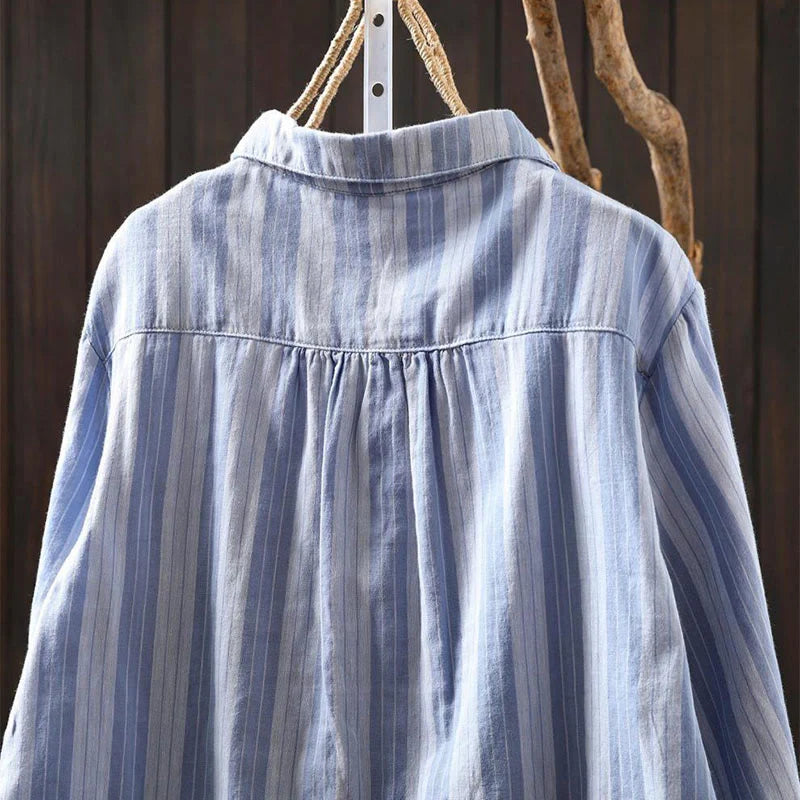 Buddha Stones Fall Vertical Stripes Button Down Stand Collar Long Sleeve Women's Cotton Shirt