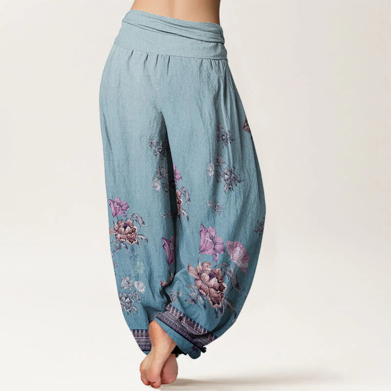 Buddha Stones Cotton Casual Plant Peony Petals Pattern Women's Elastic Waist Harem Pants