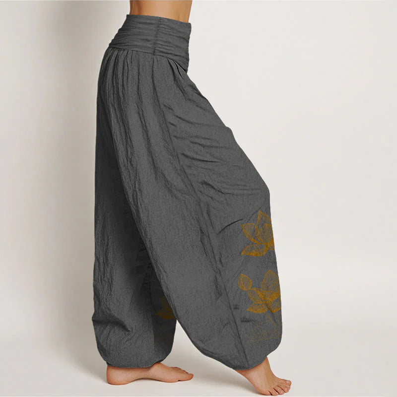 Buddha Stones Pure Cotton Line Drawing Lotus Flower Pattern Women's Elastic Waist Harem Pants