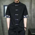 Buddha Stones Solid Color Frog-Button Stand Collar Men's Short Sleeve White Crane Cotton Shirt