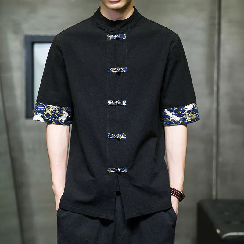 Buddha Stones Solid Color Frog-Button Stand Collar Men's Short Sleeve White Crane Cotton Shirt