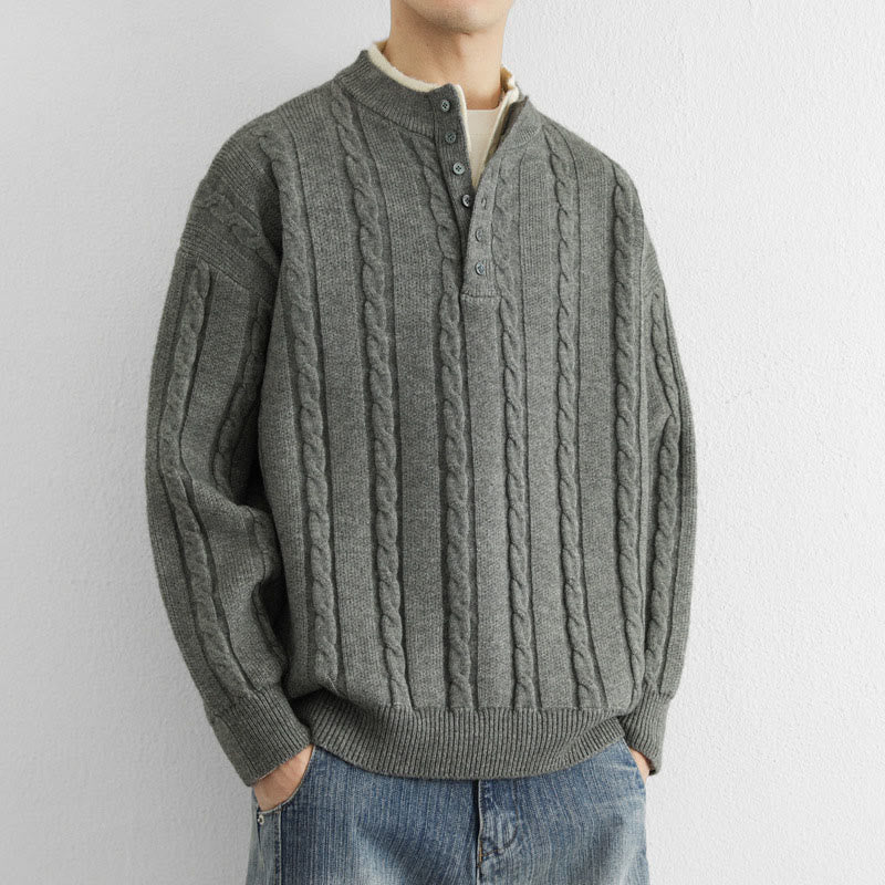 Buddha Stones Winter V-Neck Buttons Twisted Design Warm Men's Long Sleeve Knitted Sweater