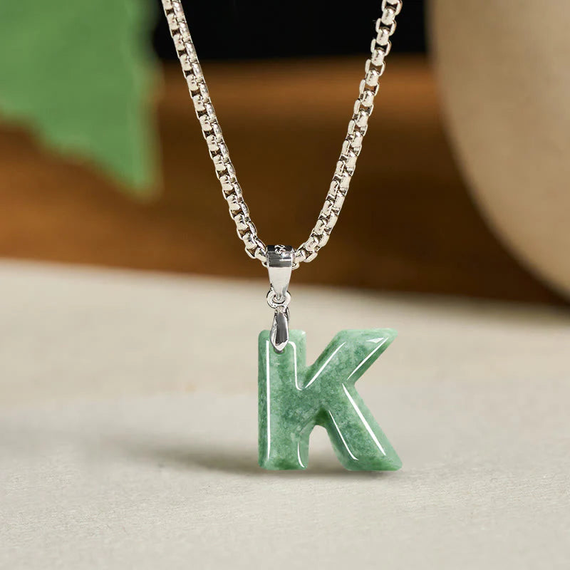 Buddha Stones Natural A-Z Letter Jade Titanium Steel Wide Chain Prosperity Necklace Pendant