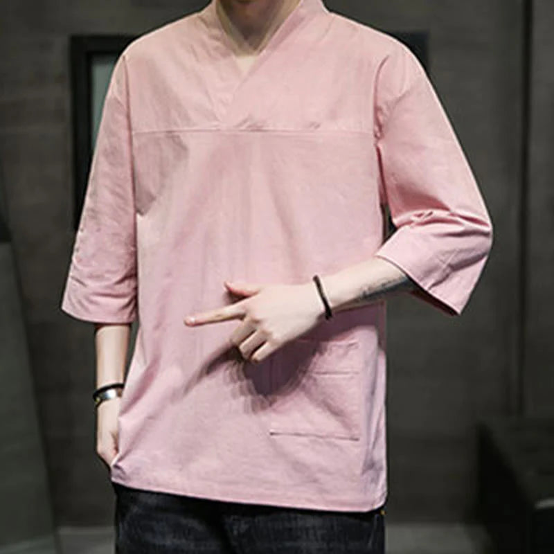 Buddha Stones Summer Casual Simple V-Neck Design Men's Cotton Linen Three Quarter Sleeve T-Shirt With Front Pocket