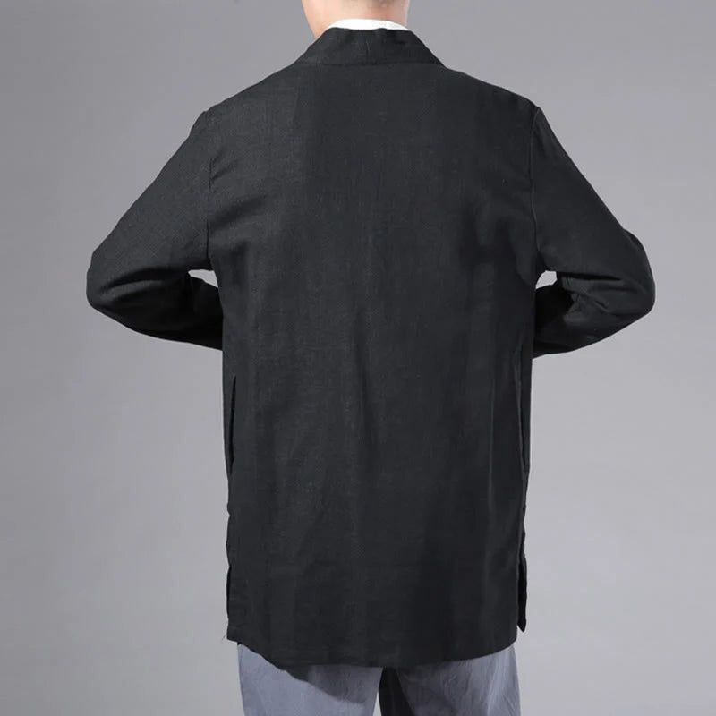 Buddha Stones Plain Simple Design Open Front Cotton Linen Men's Long Sleeve Jacket Kimono