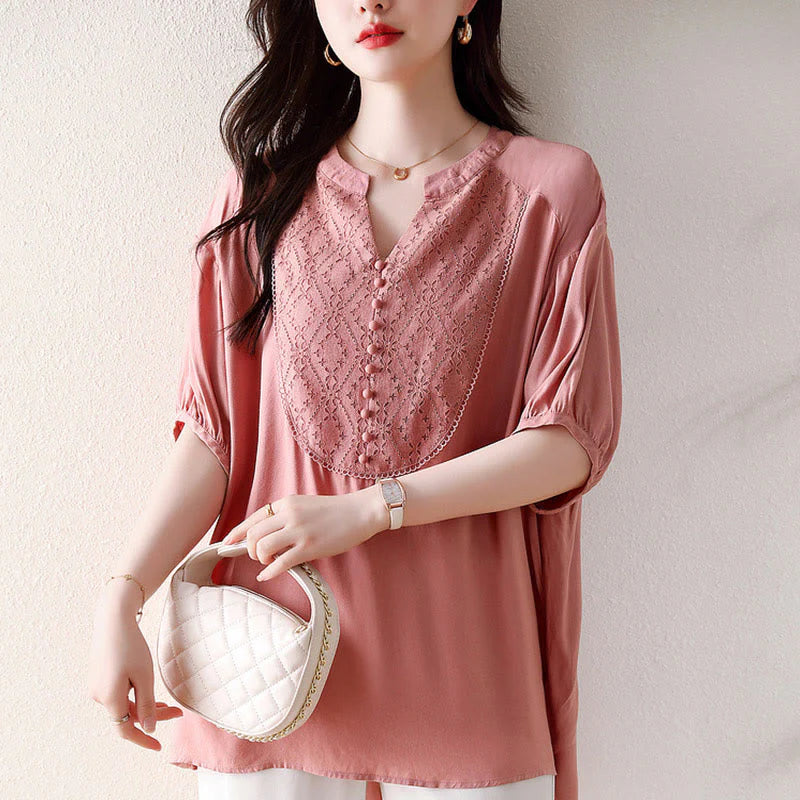 Buddha Stones V-Neck Pink Buttons Design Half Sleeve T-shirt Tee