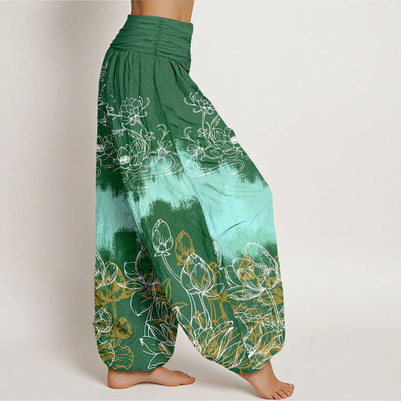 Buddha Stones Cotton Colorful Lotus Pattern Women's Elastic Waist Harem Pants