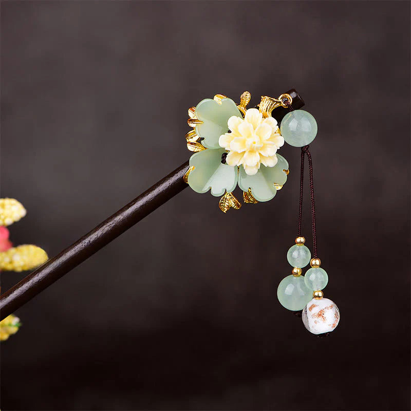 Buddha Stones Green Yellow White Flower Liuli Glass Wood Hairpin