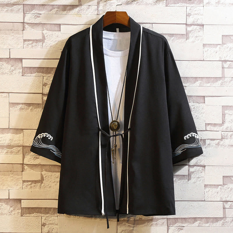 Buddha Stones Embroidery Dragon Phoenix Auspicious Cloud Waves Leaves Cranes Open Front Jacket Men's Kimono