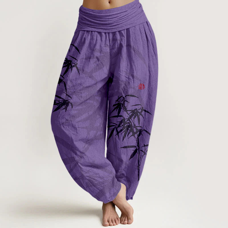 Buddha Stones Print Pure Cotton Bamboo Leaves Pattern Women's Elastic Waist Harem Pants