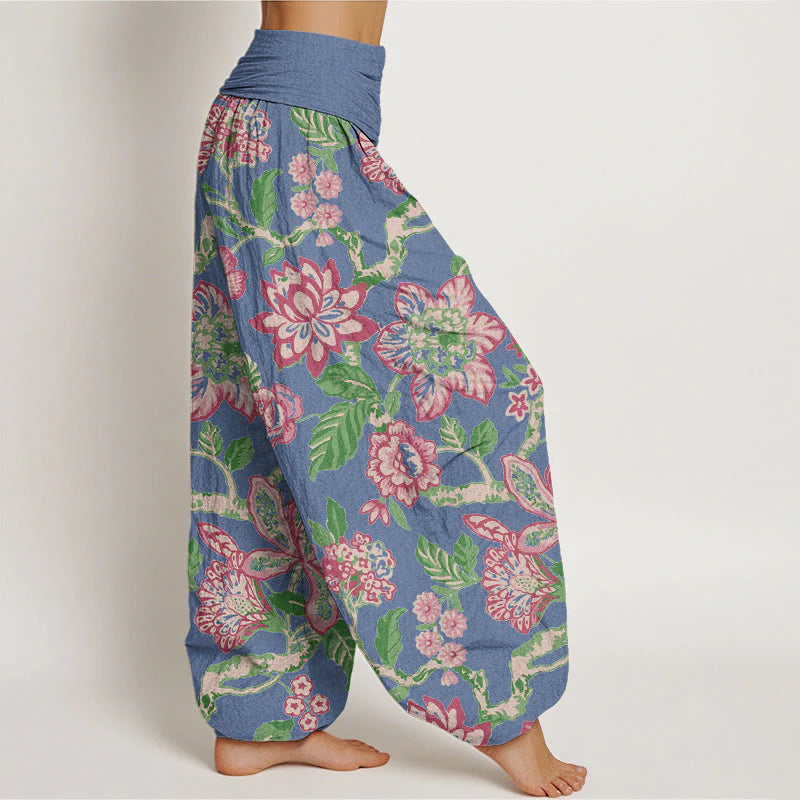 Buddha Stones Pure Cotton Bold Colors Flowers Leaves Branches Bird Pattern Women's Elastic Waist Harem Pants
