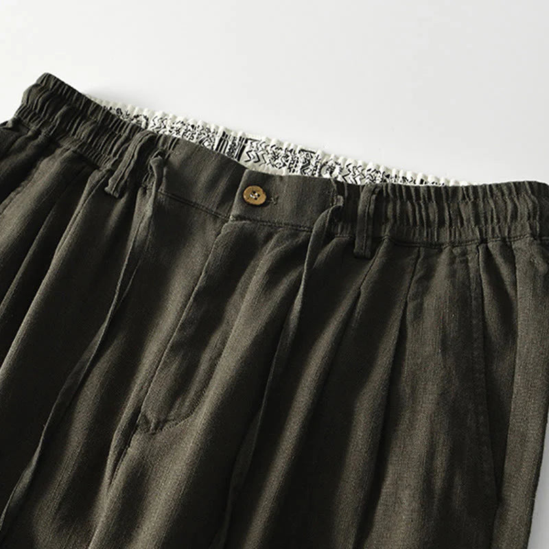 Buddha Stones Fall Solid Drawstring Zipper Men's Linen Wide Leg Pants With Pockets