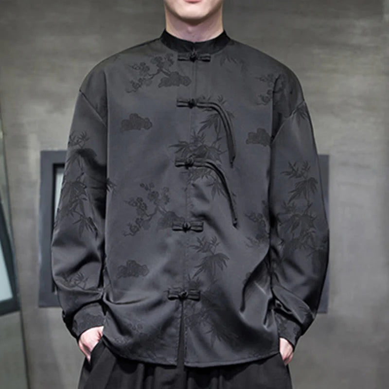 Buddha Stones Plain Frog-Button Design Tang Suit Men's Long Sleeve Jacket