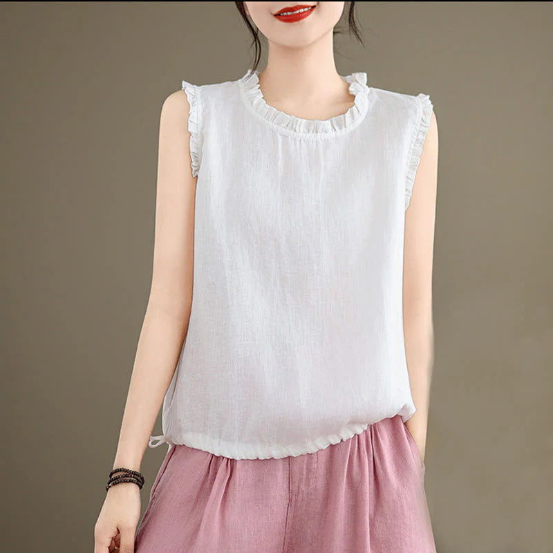 Buddha Stones Summer Ruffled Design Drawstring Crew Neck Cotton Linen Women's Sleeveless Vest