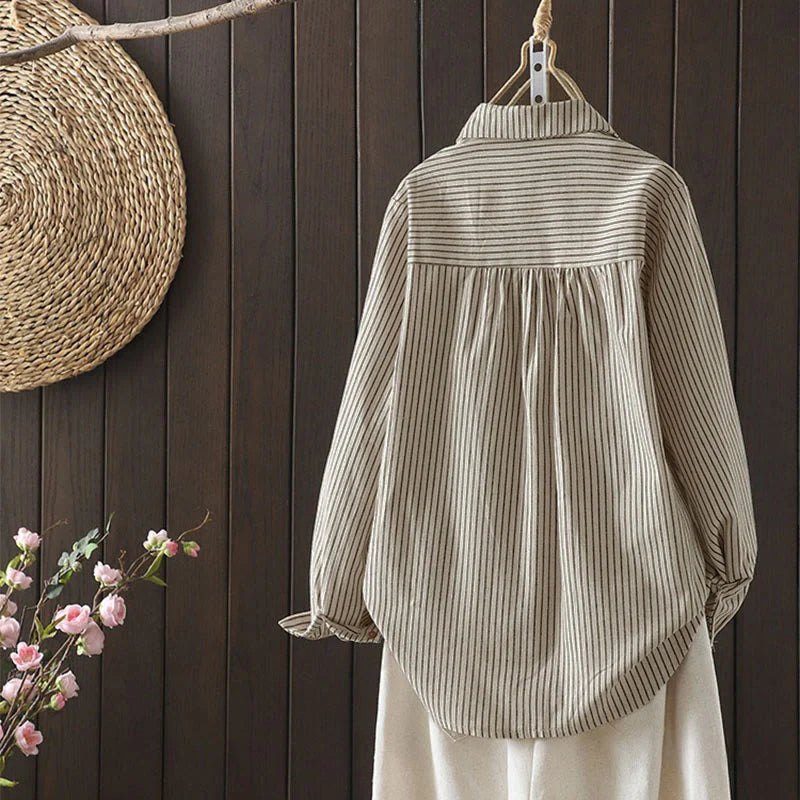 Buddha Stones Fall Stripe Stand Collar Buttons Women's Long Sleeve Shirt With Pocket