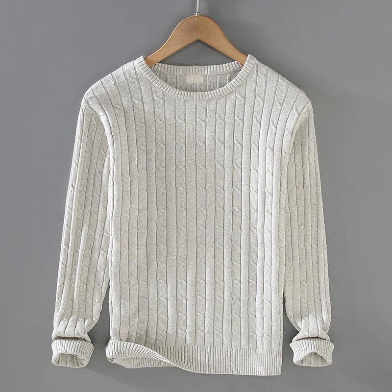 Buddha Stones Cable Knit Design Men's Crew Neck Long Sleeve Pure Cotton Sweater