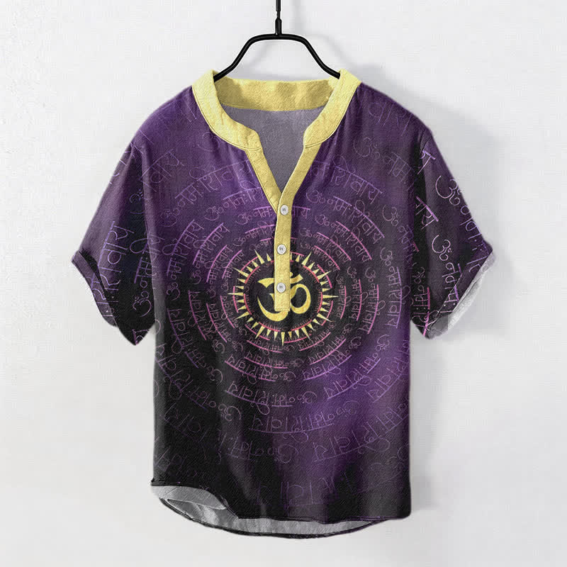 Buddha Stones Cotton Om Mantra Emblem Men's Short Sleeve Half Button Shirt