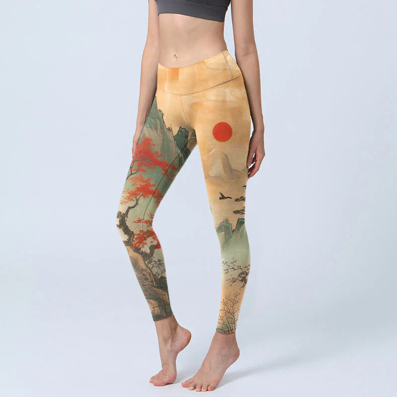 Buddha Stones Mountains Trees Rising Sun Pattern Print Gym Leggings Women's Yoga Pants
