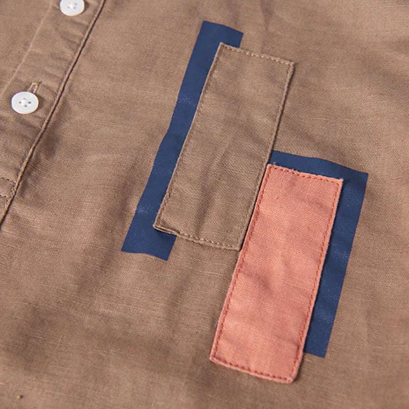 Buddha Stones Daily Plain Patch Color Matching Design Men's Short Sleeve Cotton Linen Shirt