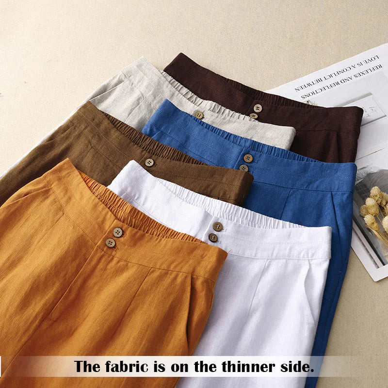 Buddha Stones Summer Casual Simple Design Linen Women's Wide Leg Pants With Zipper Pockets