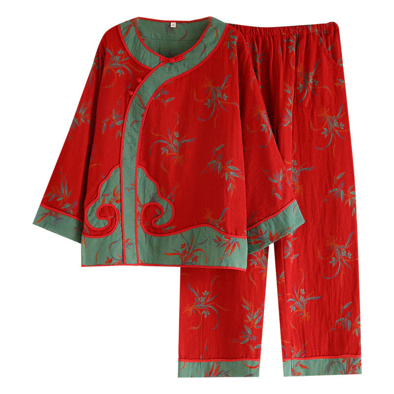 Buddha Stones 2pcs Patchwork Long Sleeve Frog-Button Shirt Pants With Pockets Pure Cotton Set