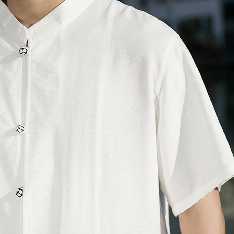 Buddha Stones Summer Solid Color Front Button Design Men's Half Sleeve Cotton Shirt