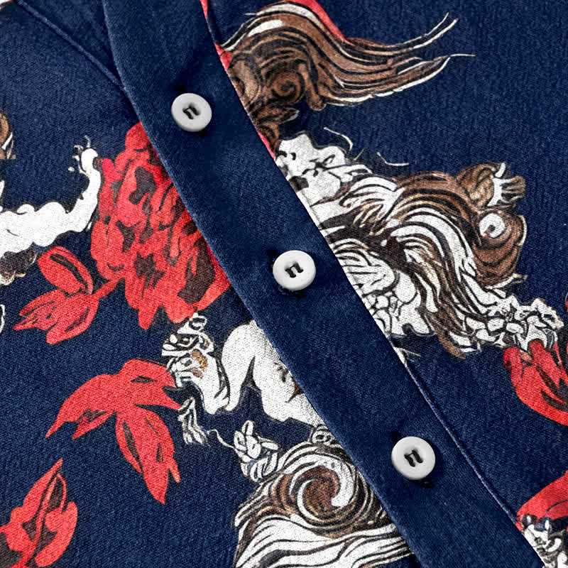 Buddha Stones Cotton Red Floral Cloud Print Henley Men's Short Sleeve Half Button Shirt