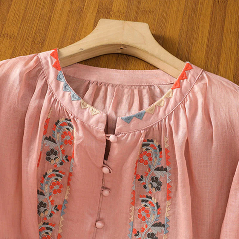 Buddha Stones Vintage Embroidery Single Row Multi-Button Placket Design Women's Cotton Linen Long Lantern Sleeve Shirt