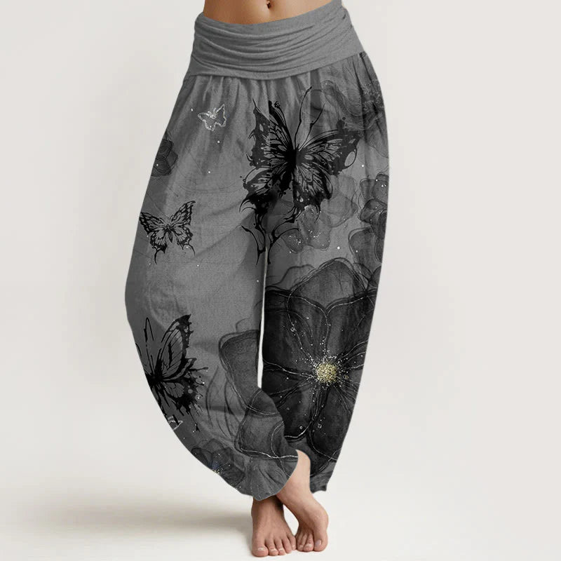 Buddha Stones Pure Cotton Butterfly Flowers Pattern Women's Elastic Waist Harem Pants