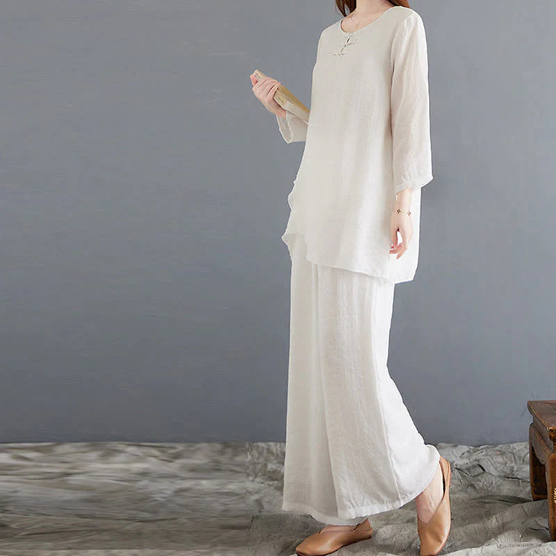 Buddha Stones 2Pcs Frog-Button Long Sleeve Shirt Wide Leg Pants Meditation Cotton Linen Clothing