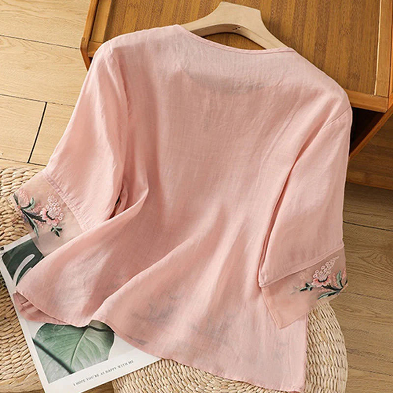 Buddha Stones Casual Floral Embroidery Crew Neck Women's Frog-Button Polyester Half Sleeve Shirt