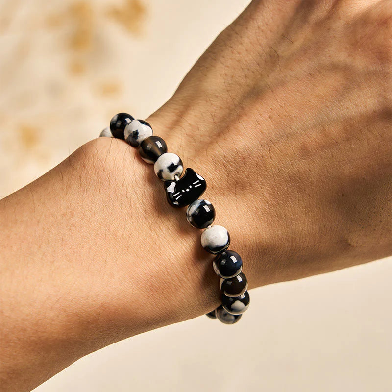 Buddha Stones Black and White Cat Fire Agate Confidence Bracelet