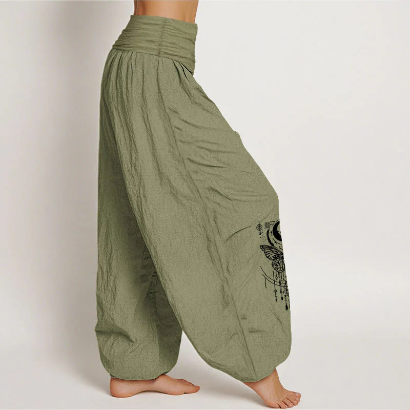Buddha Stones Pure Cotton Minimalist Design Eye Moon Butterfly Pattern Women's Elastic Waist Harem Pants