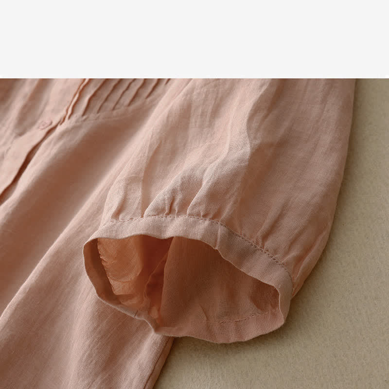 Buddha Stones Spring Pleated Pintuck Peter Pan Collar Half Sleeve Women's Shirt