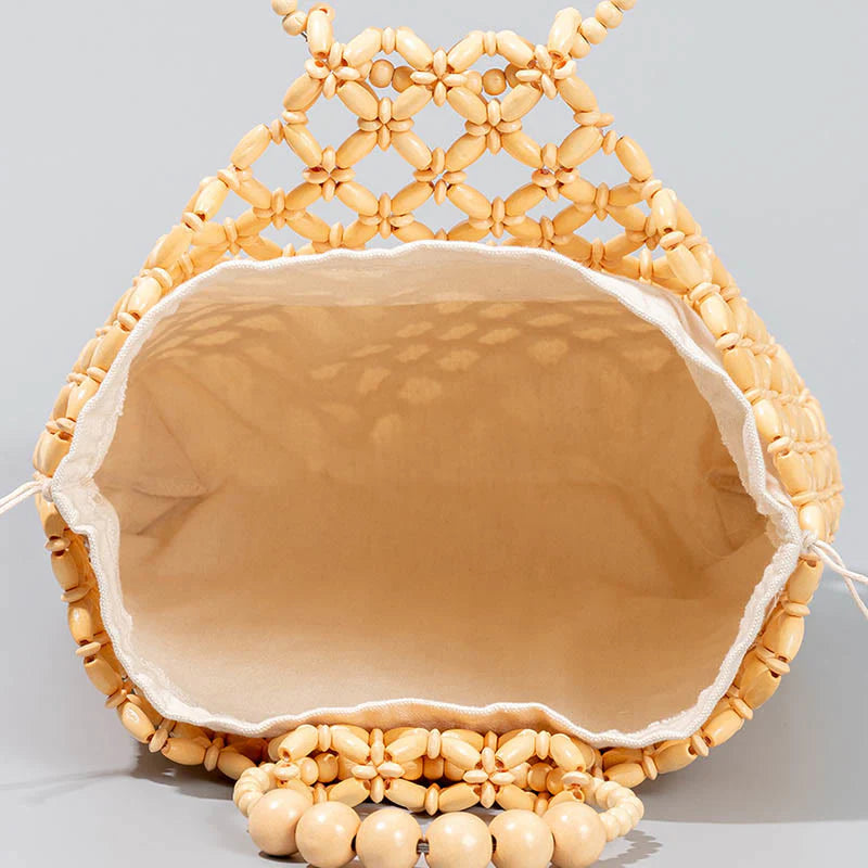 Buddha Stones Hand-woven Fishing Line Braiding Mesh Hollow Wooden Beads Handbag