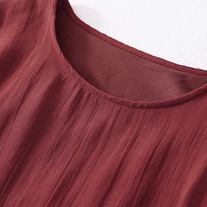 Buddha Stones Solid Color Embroidery Short Sleeve Cotton Midi Dress