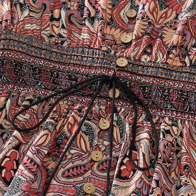 Buddha Stones Summer Peacock Paisley Tie Waist Viscose Lantern Sleeves Maxi Dress