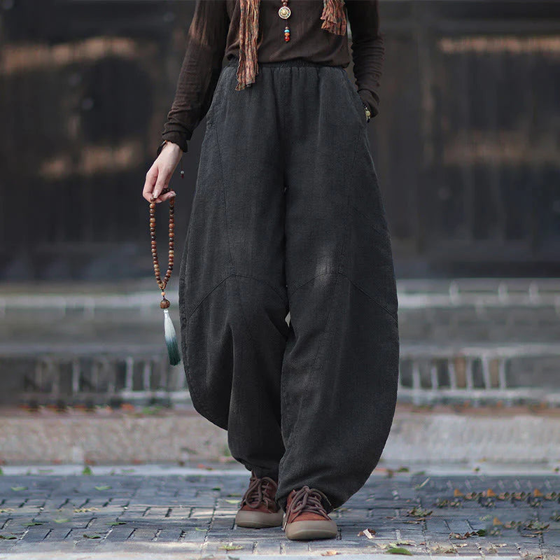 Buddha Stones Winter Elastic Waist Ramie Cotton Thermal Women's Pants With Pockets