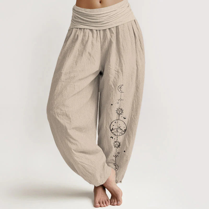 Buddha Stones Pure Cotton Minimalist Design Moon Sun Star Mountain Pattern Women's Elastic Waist Harem Pants