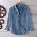 Buddha Stones Men's Shirt Solid Color Lapel Top Long Sleeve Comfy Button Crease Cotton Linen Shirt