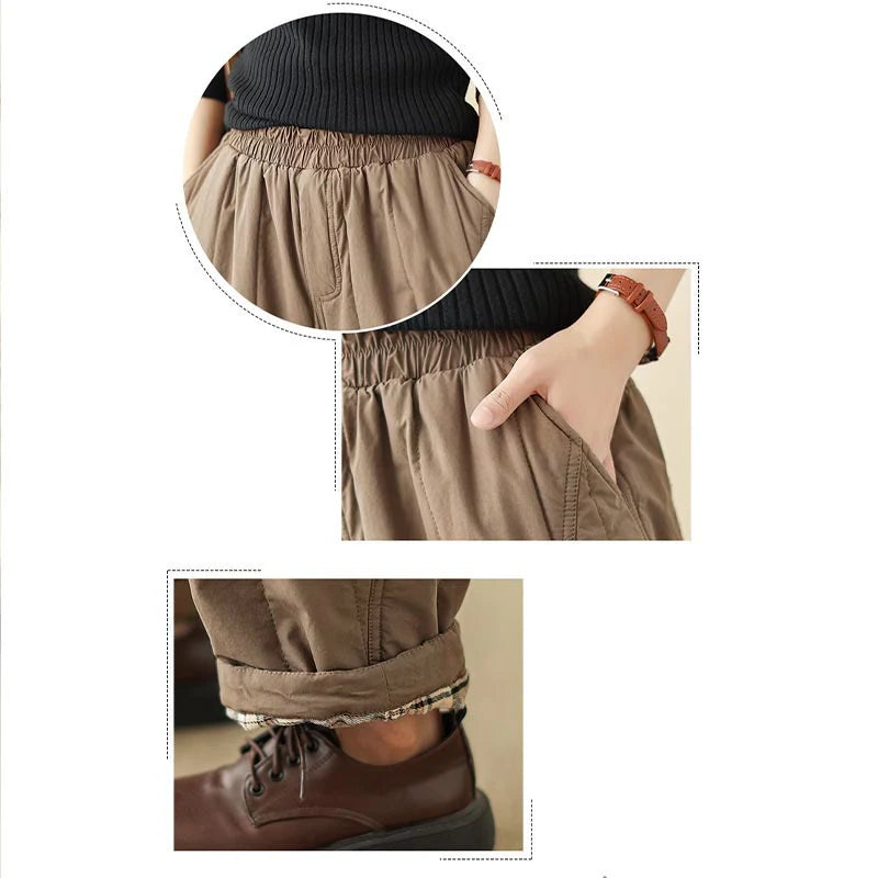 Buddha Stones Winter Plain High Waist Cotton Women's Harem Thermal Elastic Waist Pants With Pockets