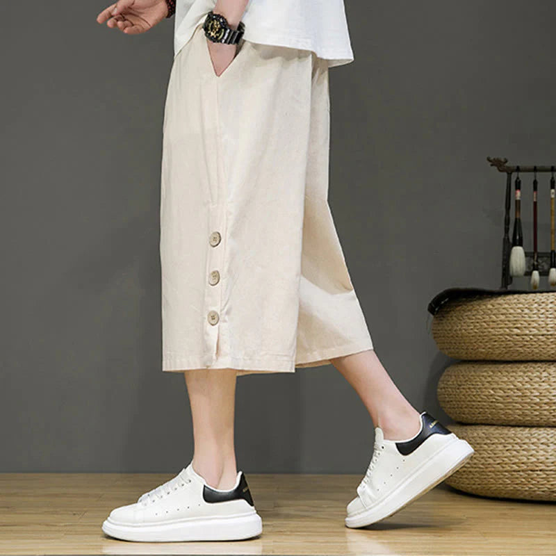 Buddha Stones Casual Plain Side Button Design Drawstring Men's Cotton Cropped Pants With Pockets