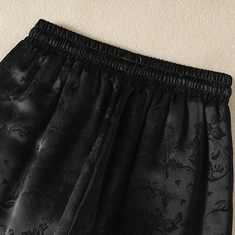 Buddha Stones Jacquard High Waist Design Women's Wide Leg Thermal Thickened Pants With Pockets