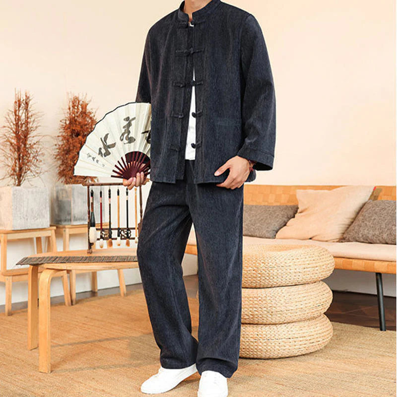 Buddha Stones 2Pcs Winter Thick Men's Tang Suit Frog-Button Cotton Corduroy Long Sleeve Jacket Pants Set With Pockets