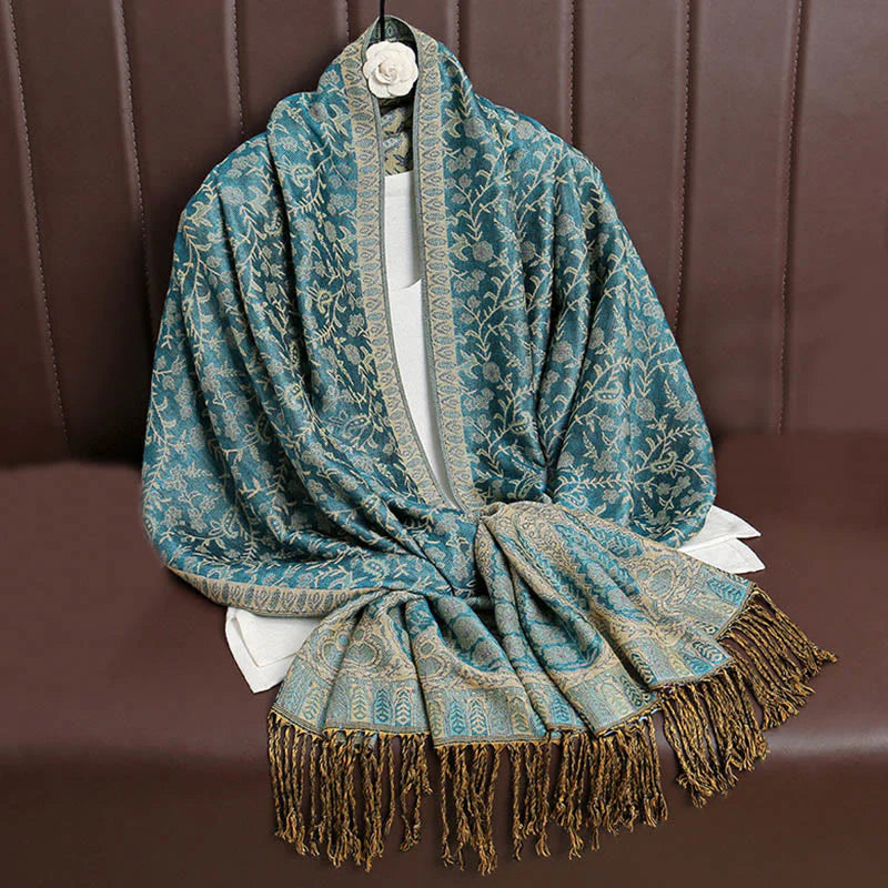 Buddha Stones Tibetan Jacquard Paisley Flower Pattern Color Contrast Design Tassel Cozy Scarf Shawl