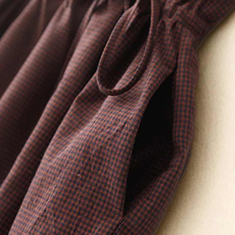 Buddha Stones Fall Brown Plaid Stand Collar Frog-Button Design Long Sleeve Midi Dress With Pockets