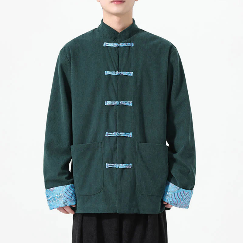 Buddha Stones Floral Design Long Sleeve Men's Cotton Corduroy Tang Suit Jacket With Pockets