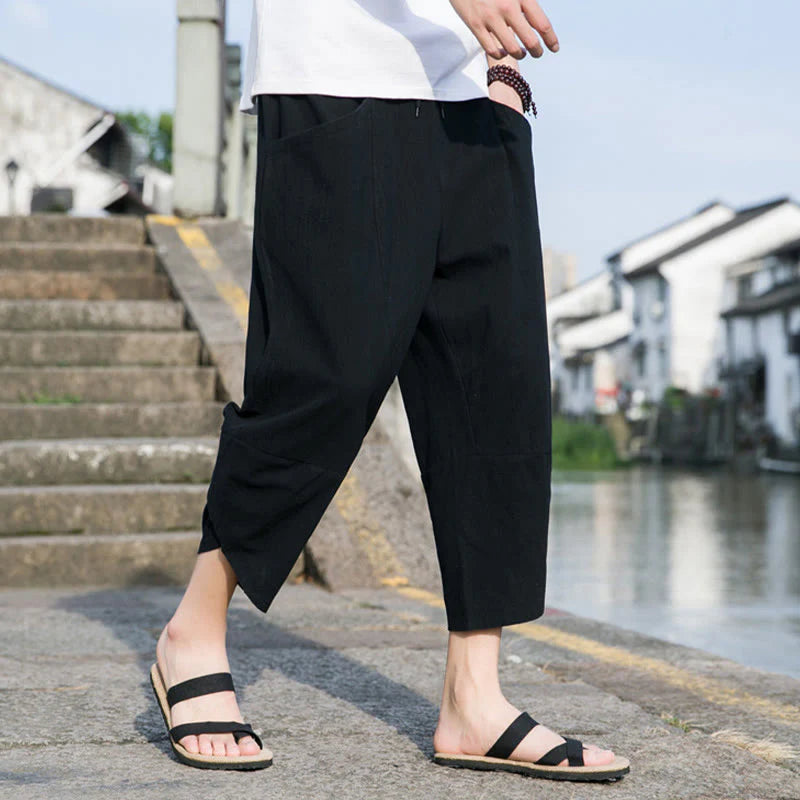 Buddha Stones Summer Casual Simple Plain Tapered Design Drawstring Men's  7-8 Length Cotton Linen Pants With Pockets