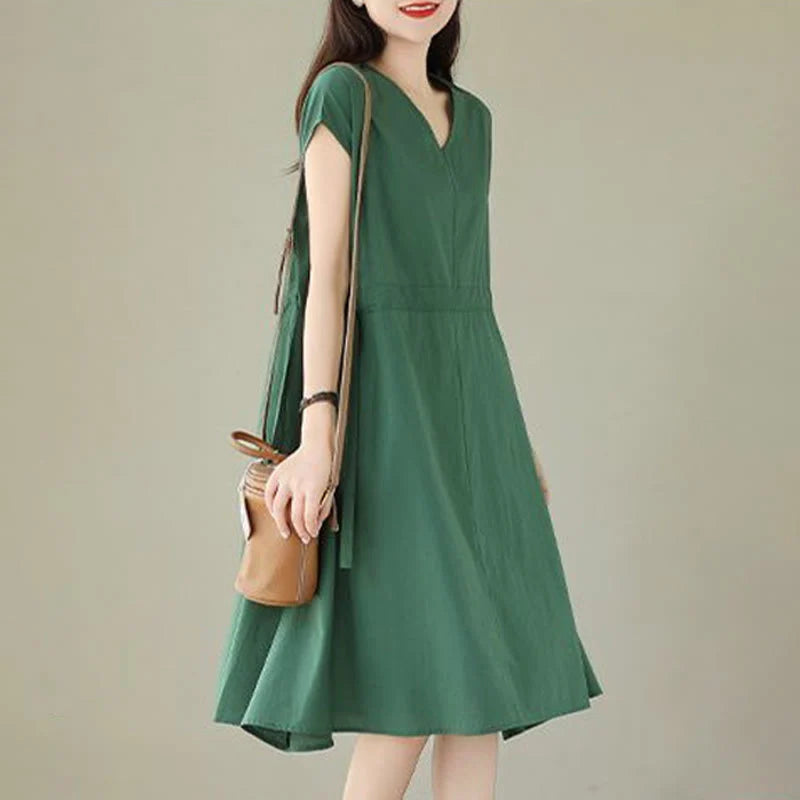 Buddha Stones Pure Color Lace-Up Short Sleeve Cotton Linen Midi Dress With Pockets